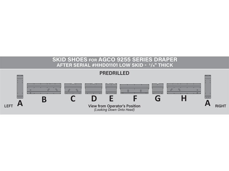SKID SHOE SETS FOR AGCO 9255 SERIES DRAPER AFTER SERIAL #HHD01101 LOW SKID